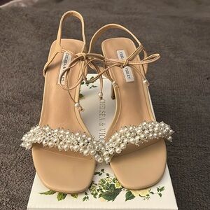 Chelsea & Violet Tristy Pearl Embellished Square Toe Heel with Lace Up Detail